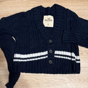 Hollister Dark Blue V Neck Cardigan Sweater with White Stripe